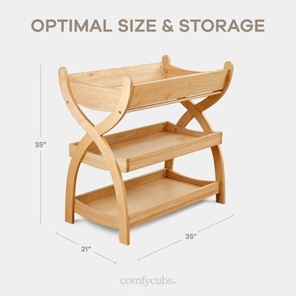 Comfy Cubs Baby Changing Table - Sturdy Wood Design with Two Open Shelves for Infant Storage - Natural Finish