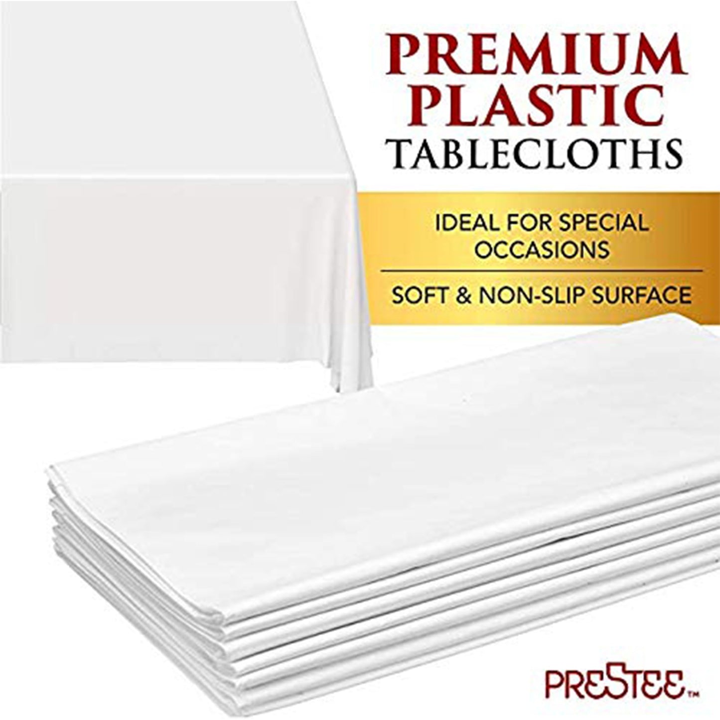 Prestee 48 White Plastic Tablecloth - 108 x 54 Plastic Table Cloths - Disposable Tablecloths, White Tablecloths, Plastic Table Cover, Disposable Tablecloths for Christmas Party, Fine Dining, Holiday