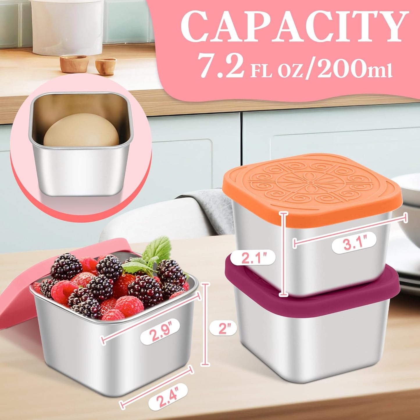 Qukaka Stainless Steel Snack Containers - Leak-Proof & Easy Open - 7.2oz, 3-Pack for Kids' Lunches