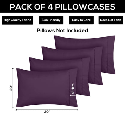 Utopia Bedding King Pillow Cases - 4 Pack - Envelope Closure - Soft Brushed Microfiber Fabric - Shrinkage and Fade Resistant Pillow Covers King Size 20 X 40 Inches (King, Purple)