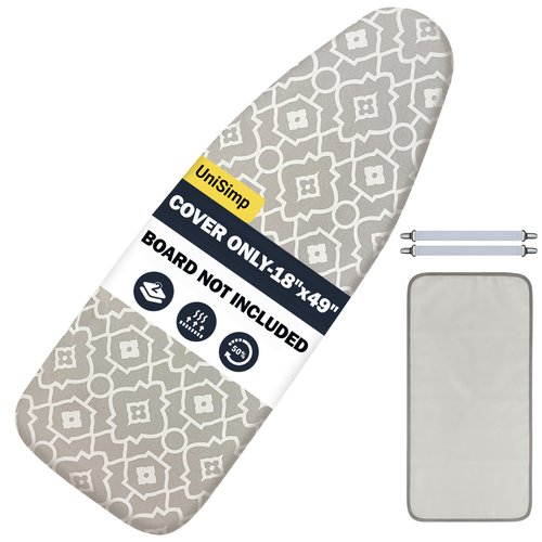 UniSimp Ironing Board Cover and Pad 18"x49" Extra Thick Natural Cotton, Scorch and Stain Resistant Iron Board Cover, Wide Ironing Board Cover with Fasteners Heavy Duty Heatproof Elastic Edge Geometric