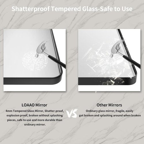 LOAAO Black Metal Framed Bathroom Mirror - 40x32 Inch Rounded Rectangle Design, Anti-Rust Tempered Glass