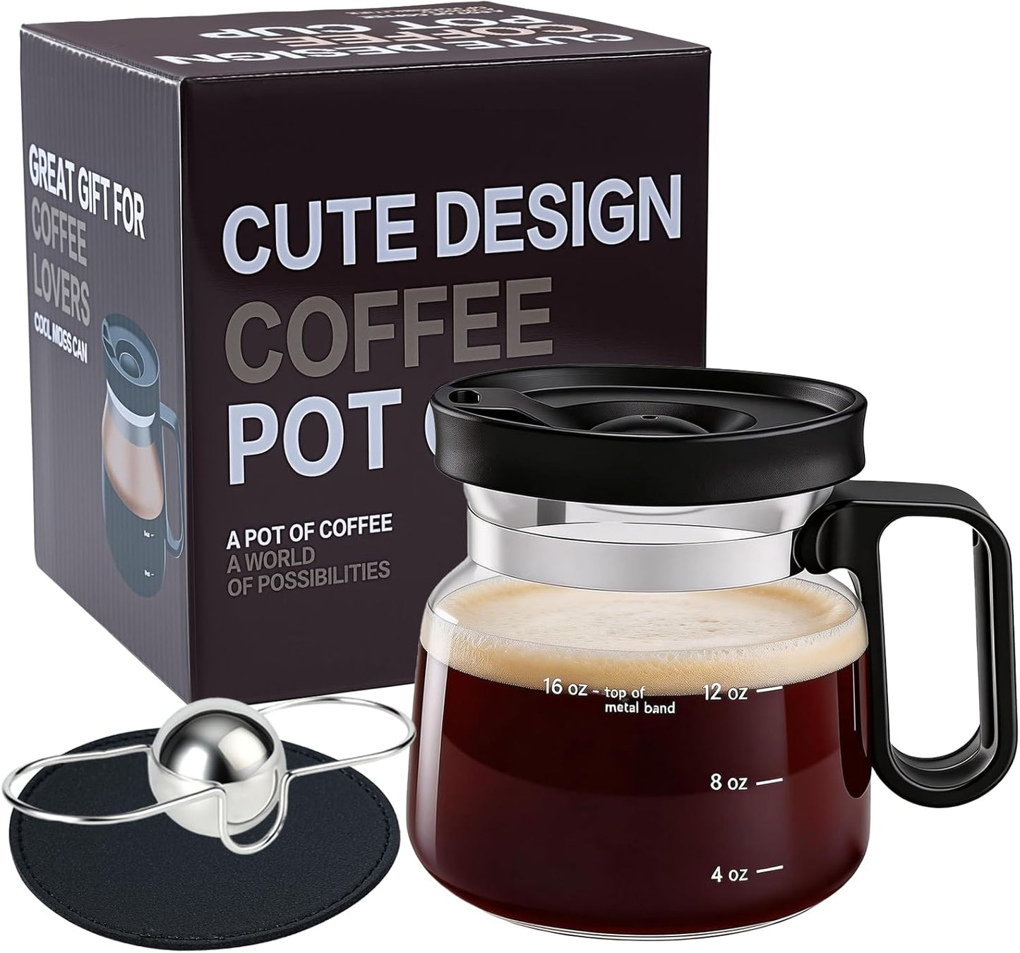 Skiennix Coffee Pot Mug - 16-Ounce Glass Mini Cup with Spill-Proof Lid & Stainless Steel Chilling Ball | Perfect Gift for Coffee Lovers