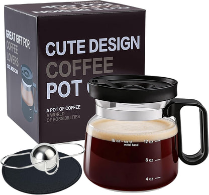 Skiennix Coffee Pot Mug - 16-Ounce Glass Mini Cup with Spill-Proof Lid & Stainless Steel Chilling Ball | Perfect Gift for Coffee Lovers