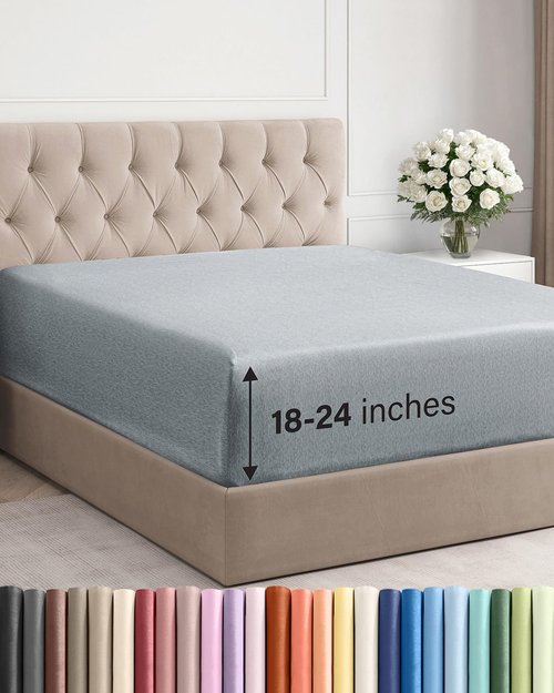 Extra Deep King Fitted Sheet - Hotel Luxury Single Fitted Sheet Only - Easily Fits 18 inch to 24 inch Mattress - Ultra Soft, Wrinkle Free with Extra Deep Pockets - Breathable & Comfy - Heathered Blue