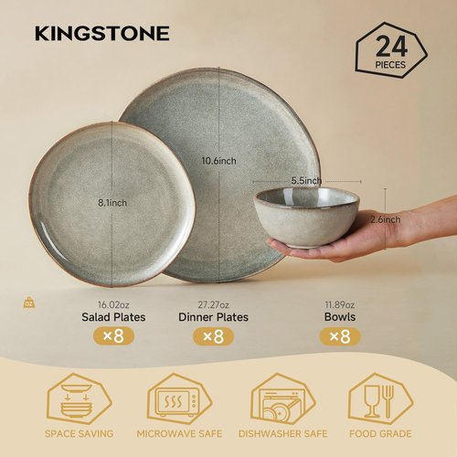 KINGSTONE 24-Piece Stoneware Dinnerware Set - Handcrafted Rustic Porcelain Plates & Bowls for 8 | Scratch Resistant, Microwave & Dishwasher Safe, Grey