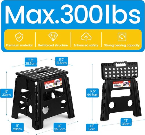 ACSTEP Folding Step Stool - Premium Heavy Duty 13-Inch Foldable Stool for Adults | Black