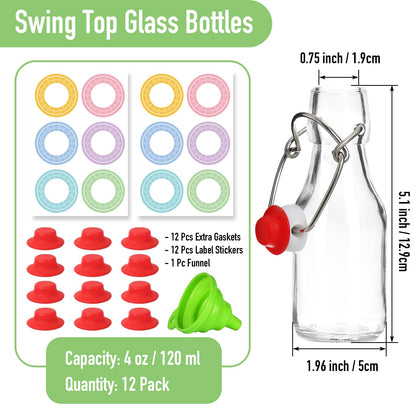 NEWMIAO 12 Pack 4 oz Swing Top Glass Bottles, 120 ml Glass Beer Bottles with Airtight Flip Lids Rubber Seal for Vanilla Extract, Home Brewing, 2nd Fermentation, Kombucha, Juice, Soda, Limoncello