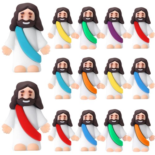 Bememo 12 Pcs Little Jesus Love You Figure Original Rubber Easter to Hide and Seek March for Jesus Religious Party Favors Sunday School Baptism Easter Gifts(Rainbow Colors)