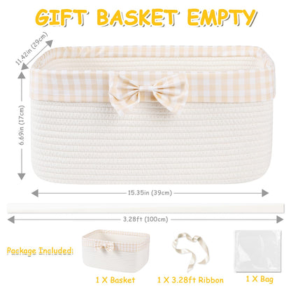 OIASKET Basket for Gifts Empty, Large Gift Basket 19L with Gift Bag and Ribbon, Woven Cotton Basket for Baby Showers, Birthday, Wedding, Easter, 15.35"x11.42"x6.69", White and Cream