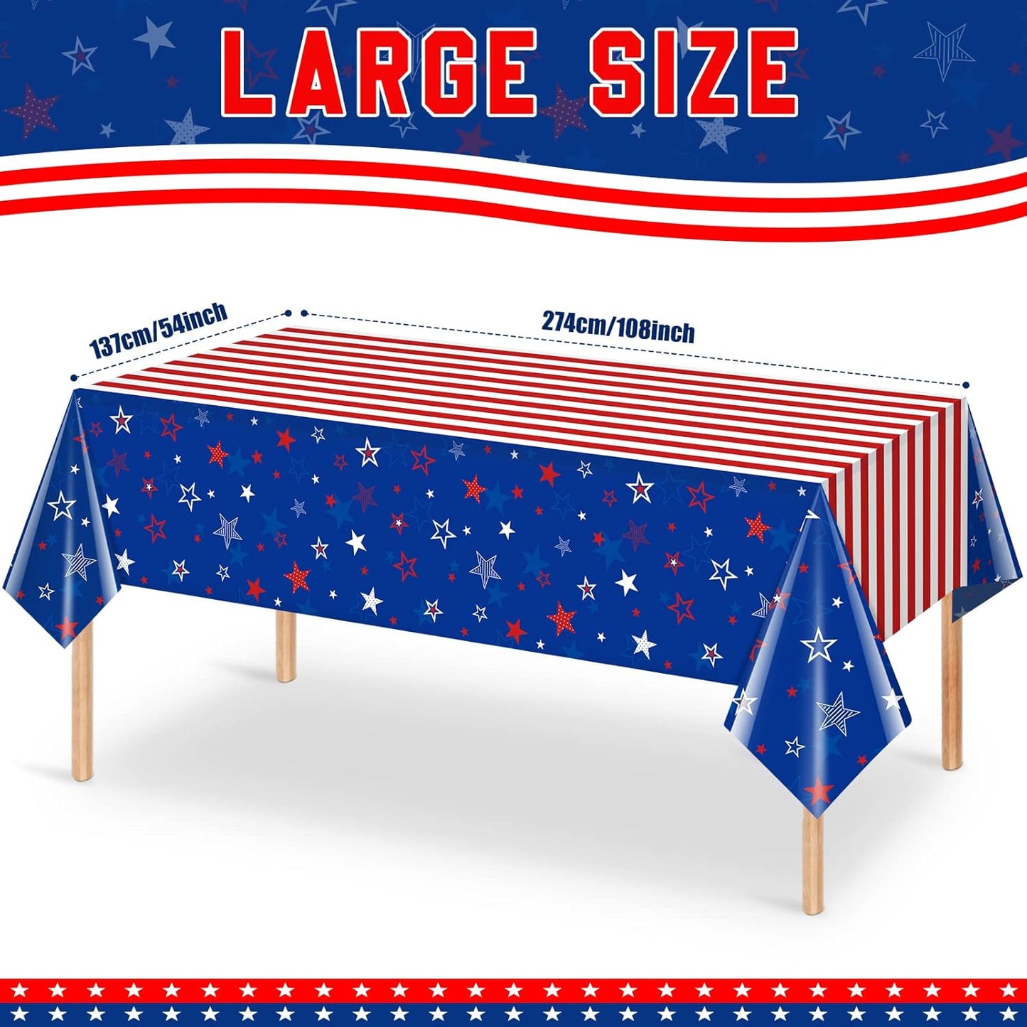 Skiennix 3Pcs Patriotic Tablecloths - Red, White & Blue Star Disposable Covers | 54x108 Inch for 4th of July Celebrations