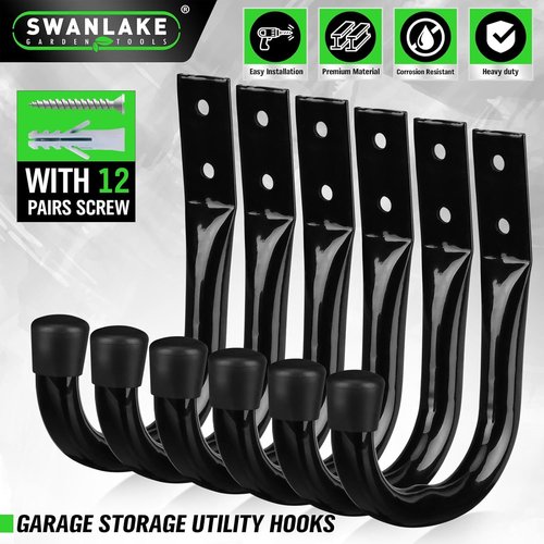 Heavy Duty Garage Storage Hooks - 6-Piece Bike Wall Mount J Hooks | Large Metal Utility Organizer