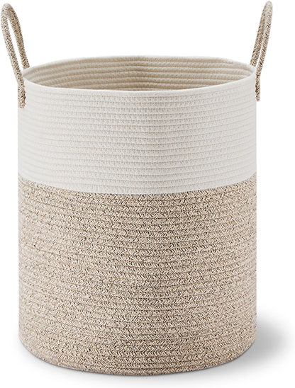 VIPOSCO Large Laundry Hamper - Tall Woven Rope Storage Basket for Blankets, Toys & Clothes | 53L White & Brown