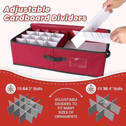 BlessedSeason Christmas Ornament Storage Box | Holds Up to 64 3” Balls - Adjustable Dividers & Dual Zipper