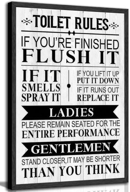 Funny Toilet Rules Canvas Wall Art - Black and White Humor for Eclectic Bathroom Decor