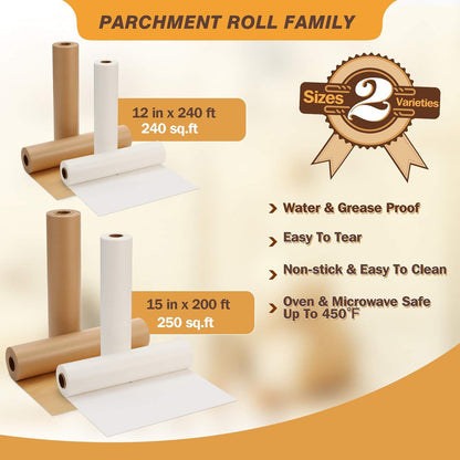 Unbleached Parchment Paper - Non-Stick Baking Roll, 12 In x 240 Ft for Cooking & Grilling