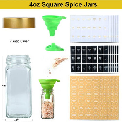 JARXSUN Glass Spice Jars with Label, 48 Pcs Spice Jars with Shaker Lids-4 oz Gold Spice Seasoning Jars Bottles Containers Set for Spice Rack (48)