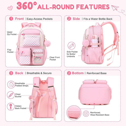 Kids School Backpack for Girls 6-14 Pink Checkerboard Variation: Pink Checkerboard