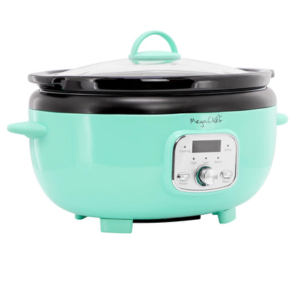MegaChef 6.9 Quart Oval Electric Slow Cooker, Removable Ceramic Pot, 3 Heat Settings, Kitchen Appliance, Countertop Cooker (Turquoise)