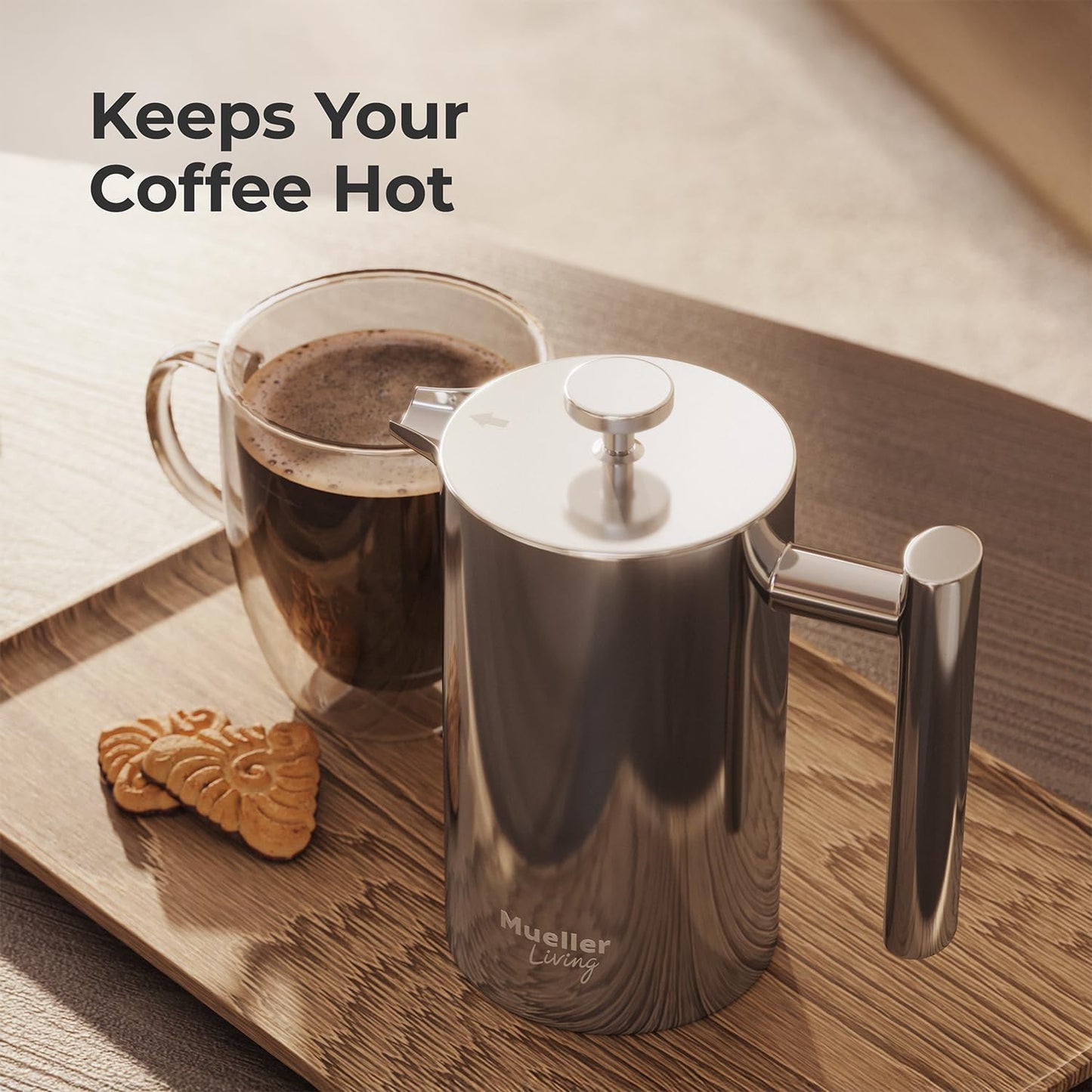 MuellerLiving French Press Coffee Maker - 20oz Stainless Steel, Double Insulated & Dishwasher Safe