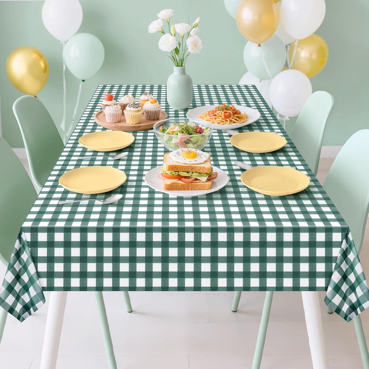 Skiennix Sage Green Striped Gingham Tablecloth - 54 x 108 Inch Disposable Waterproof Covers for Outdoor Events | Perfect for Picnics & Parties
