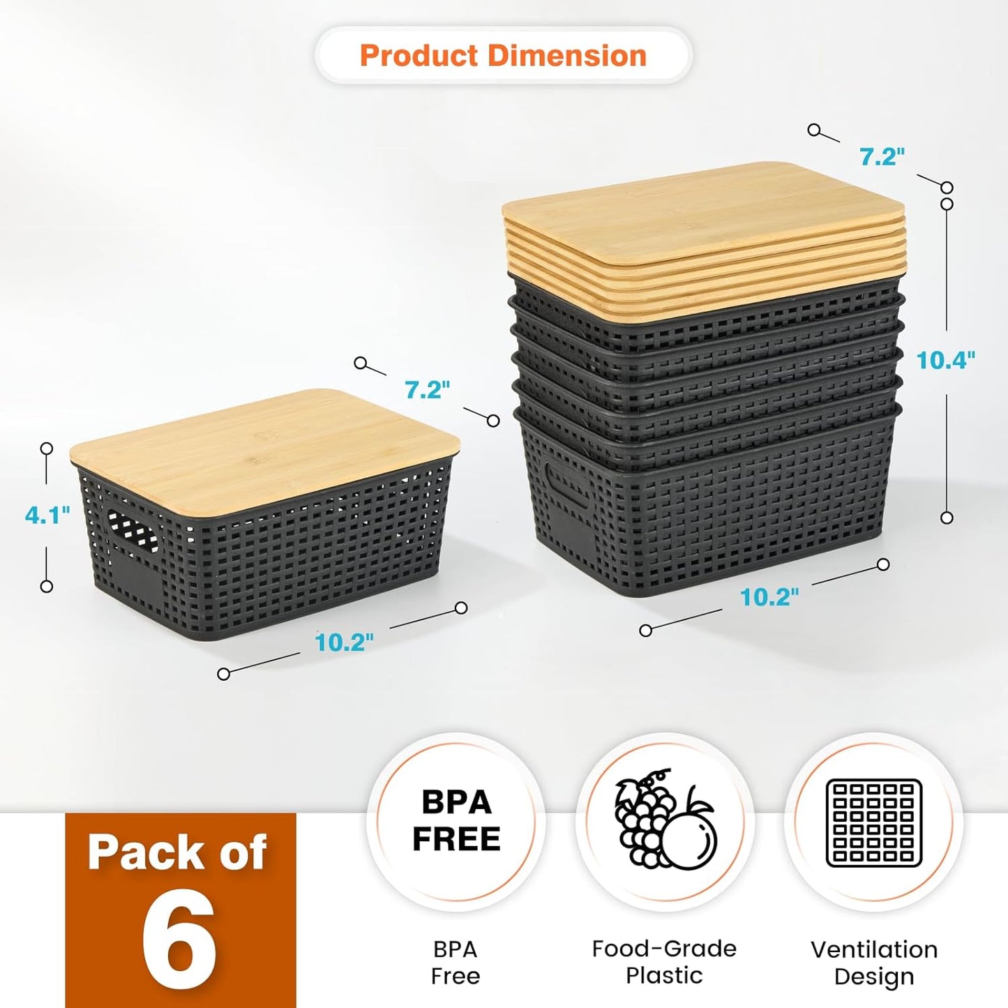 Ohmlove Plastic Storage Baskets - Stackable Containers with Bamboo Lid | 6-Pack for Organizing Home & Office
