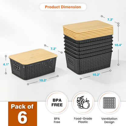 Ohmlove Plastic Storage Baskets - Stackable Containers with Bamboo Lid | 6-Pack for Organizing Home & Office