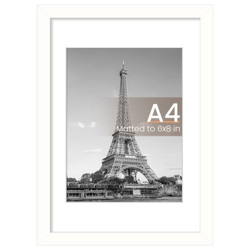 upsimples A4 Picture Frame, Display Pictures 6x8 with Mat or 8.3 x 11.7 Without, Wall Hanging Photo Frames, White, 1 Pack