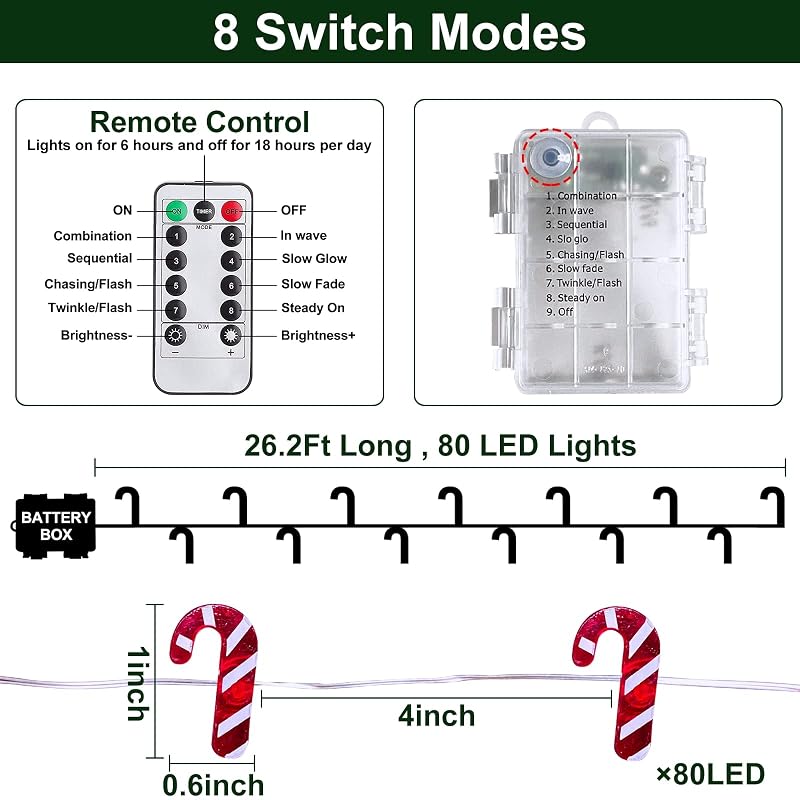 Candy Cane String Lights 26.2 Ft 80LED Remote Battery Xmas Decor Warm White