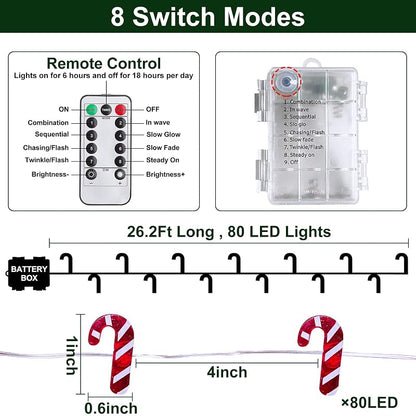 Candy Cane String Lights 26.2 Ft 80LED Remote Battery Xmas Decor Warm White