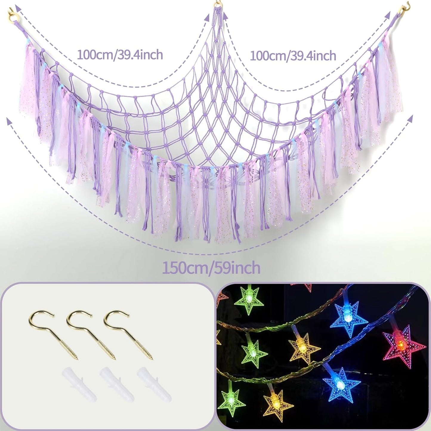 Stuffed Animal Hammock by [Brand Name] - 59-Inch LED Toy Storage Net for Kids' Bedroom | Wall-Mounted Plush Organizer in Handwoven Purple