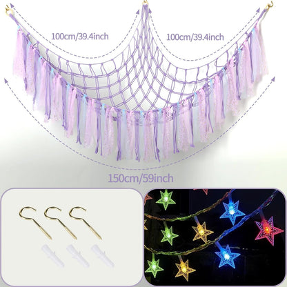 Stuffed Animal Hammock by [Brand Name] - 59-Inch LED Toy Storage Net for Kids' Bedroom | Wall-Mounted Plush Organizer in Handwoven Purple