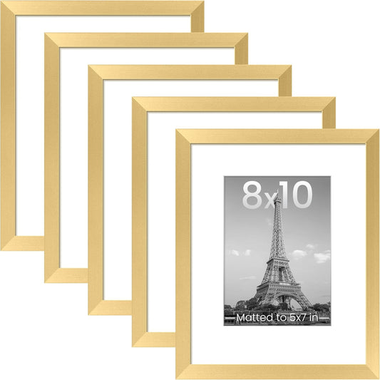 Upsimples 8x10 Picture Frame Set of 5 - Elegant Gold Frames for 5x7 or 8x10 Photos | Perfect Wall Gallery Decor