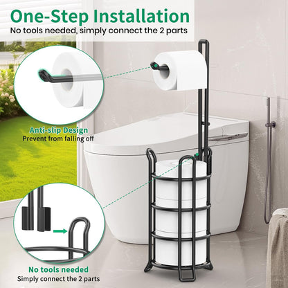 TomCare Toilet Paper Holder - Free-Standing Metal Dispenser for 3 Spare Rolls | Black Bathroom Organizer