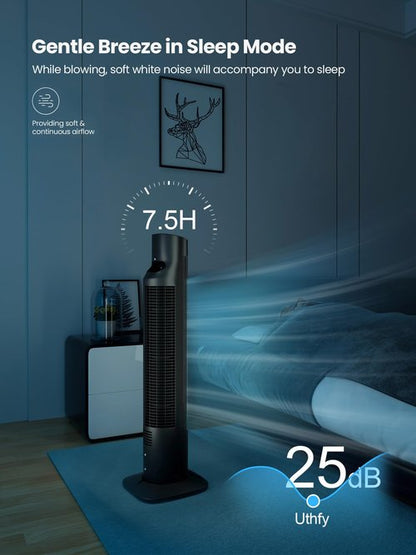 Uthfy 31”Tower Fan for Bedroom, 120° Oscillating Electric Bladeless Fan with Remote, 3 Speeds, 3 Modes, 7.5H Timer, 26ft/s Velocity Quiet Standing Fan for Home, Office, Living Room, Black