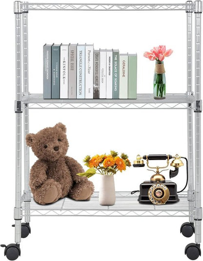 BestOffice 3-Tier Wire Storage Shelves with Wheels - Adjustable Heavy-Duty Metal Rack | Chrome Finish | 23x13x31 | Holds Up to 170 lbs | Easy No-Tool Assembly for Home & Garage