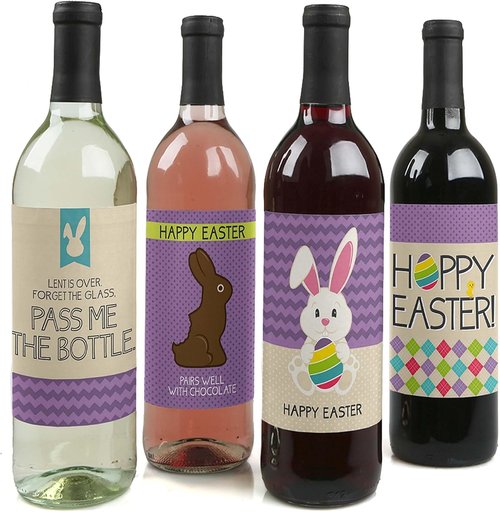Big Dot of Happiness Hippity Hoppity - Easter Bunny Party Decorations for Women and Men - Wine Bottle Label Stickers - Set of 4