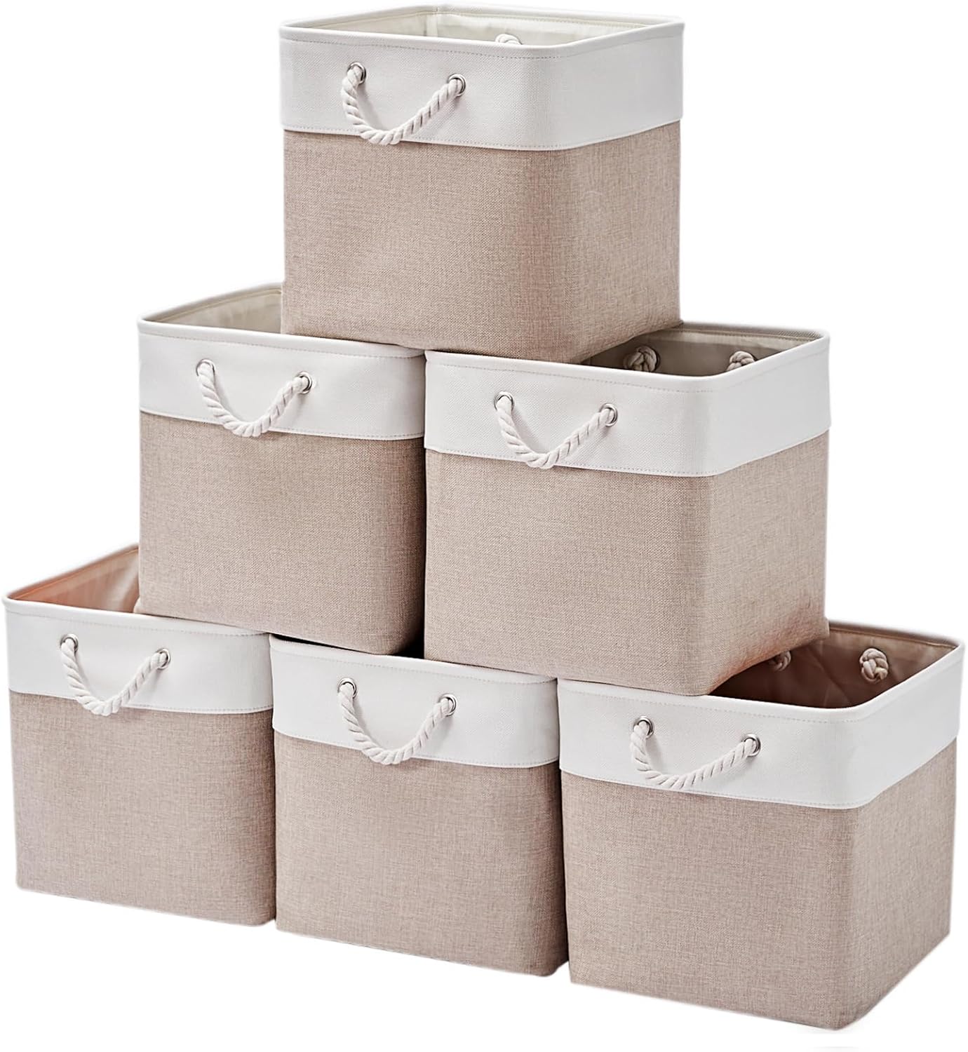 Skiennix 6-Pack Storage Cubes - 13x13 Inch Fabric Bins with Handles for Organizing Clothes, Toys, Books | White & Beige