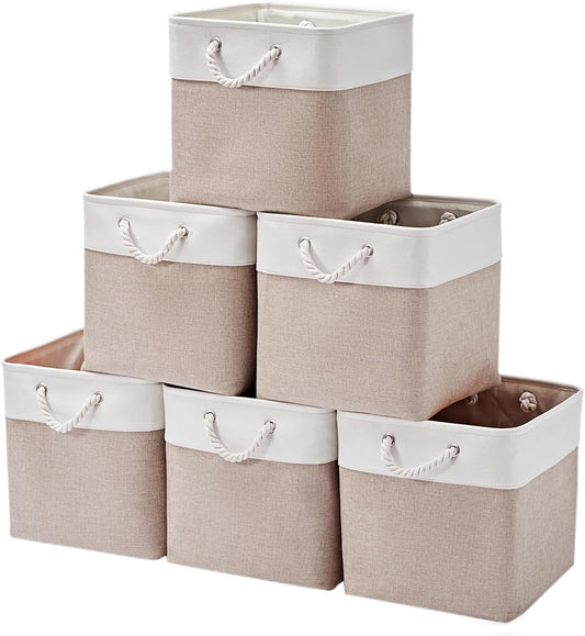 Skiennix 6-Pack Storage Cubes - 13x13 Inch Fabric Bins with Handles for Organizing Clothes, Toys, Books | White & Beige