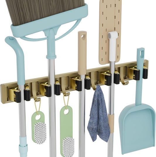 Reliahom Broom Holder - Wall Mount 5 Racks & 4 Hooks | Bronze Mop Storage Organizer for Garage, Kitchen, Garden, Laundry Room