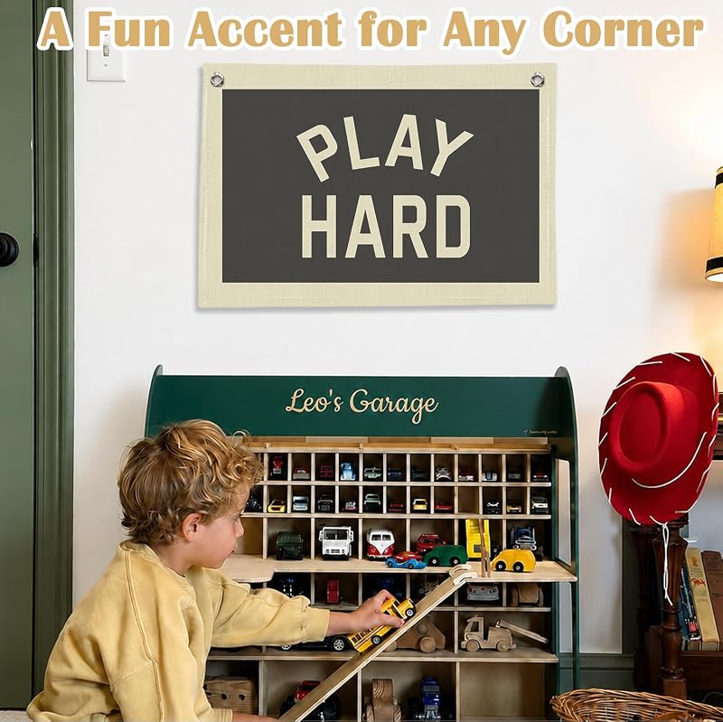 Play Hard Linen Canvas Banner for Kids Room - Playroom Wall Decor