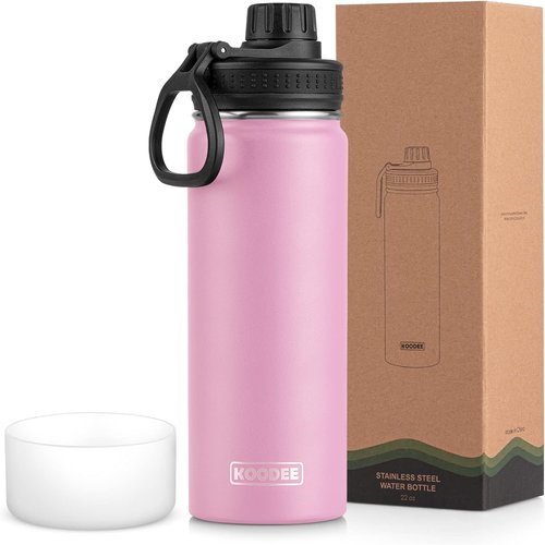 Koodee Insulated Water Bottle - 22 oz Stainless Steel Double Wall Vacuum Sport Bottle | Leakproof Spout Lid (Pink)