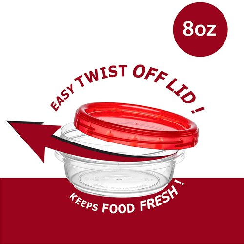 Elegant Disposables (8 Ounce 20 Pack) Twist cap Containers Clear Bottom With Red Top Screw on Lids Twist Top Food Storage Freezer Containers