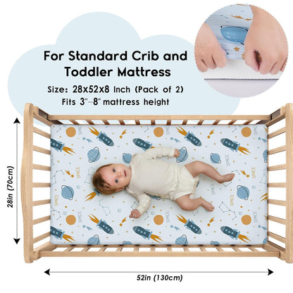 Yoofoss Fitted Baby Crib Sheets - Super Soft Microfiber 2-Pack for Standard Crib & Toddler Mattress | Blue Rocket 28x52x8in