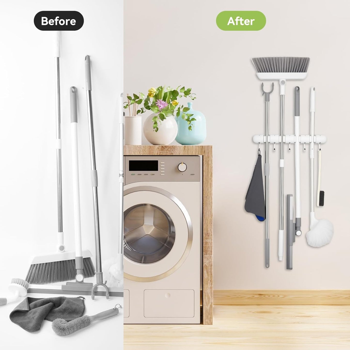 OTraki Broom Holder Wall Mount - No Drill Mop Organizer with 4 Slots & 5 Hooks for Efficient Storage