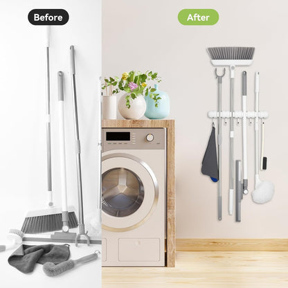OTraki Broom Holder Wall Mount - No Drill Mop Organizer with 4 Slots & 5 Hooks for Efficient Storage