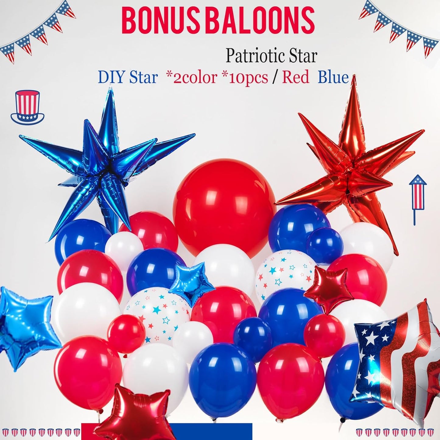 Patriotic Balloon Garland Arch Kit - Red, White & Blue Star Print & Flag Foil Balloons for 4th of July & Memorial Day Decor