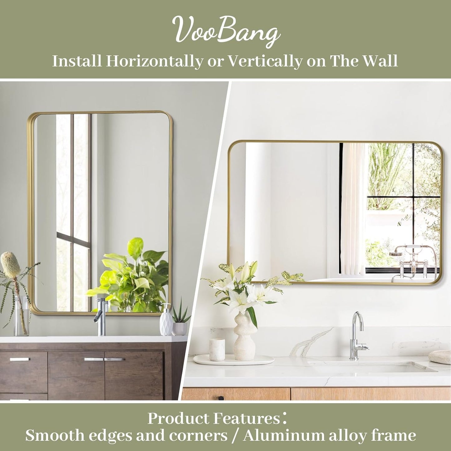 VooBang Gold Bathroom Mirror - 20x30 Inch Modern Deep Frame | Versatile Hanging or Leaning Design