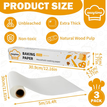 Unbleached Parchment Paper Roll - Non-Stick Baking Sheets with Built-In Cutter | 12in x 49ft, 3 Pack