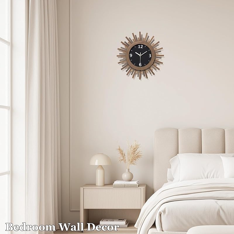 Tricolor 12 Inch Silent Sunburst Rustic Wood Wall Clock - Battery Operated